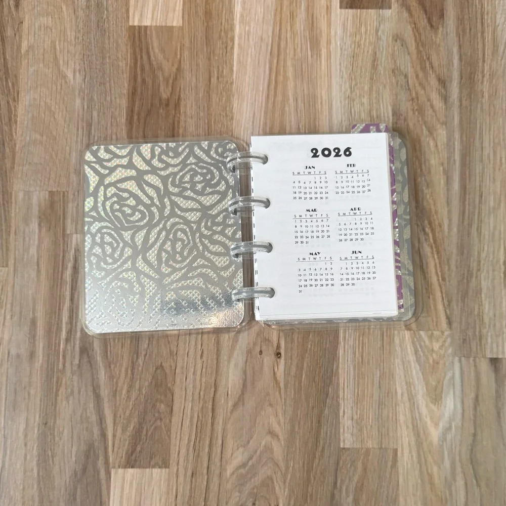 Micro planner holographic roses pink and silver weekly layout.